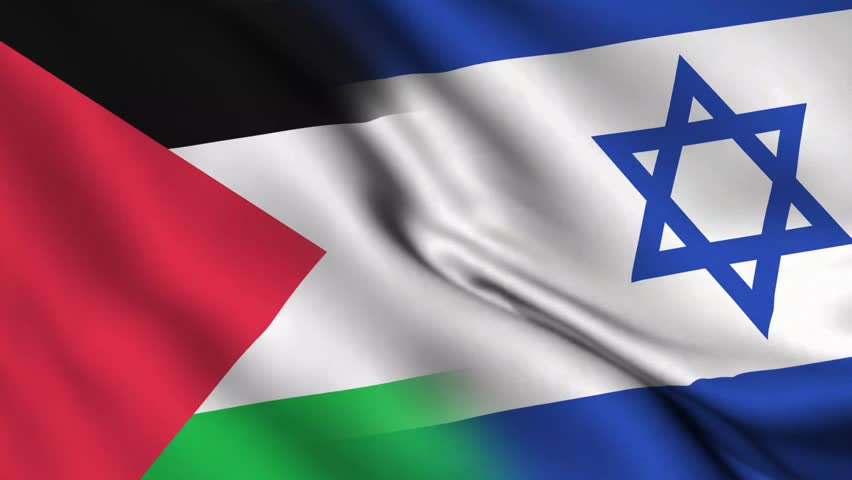 Diagonal waving Palestine and Israel Combined Flag video background. Realistic Slow Motion Animation. 4K Loop Motion Graphics. Palestine and Israel Conflict Tension, Unity, Peace and War Concept | Shutterstock HD Video #1109779951