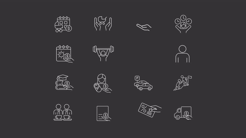Set of white icon simple animations representing employee perks and bonuses, HD video with transparent background, seamless loop 4K video. Royalty-Free Stock Footage #1109789199