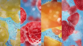 Split screen strawberries raspberries lemons and oranges tossed in the air falling down in slow motion - Powered by Shutterstock - Get 15% off with code: PIKWIZARD15