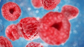 Fruit and berries tossed in the air and falling down in slow motion. Clear water splash and water droplets. Raspberries falling down on blue background - Powered by Shutterstock - Get 15% off with code: PIKWIZARD15