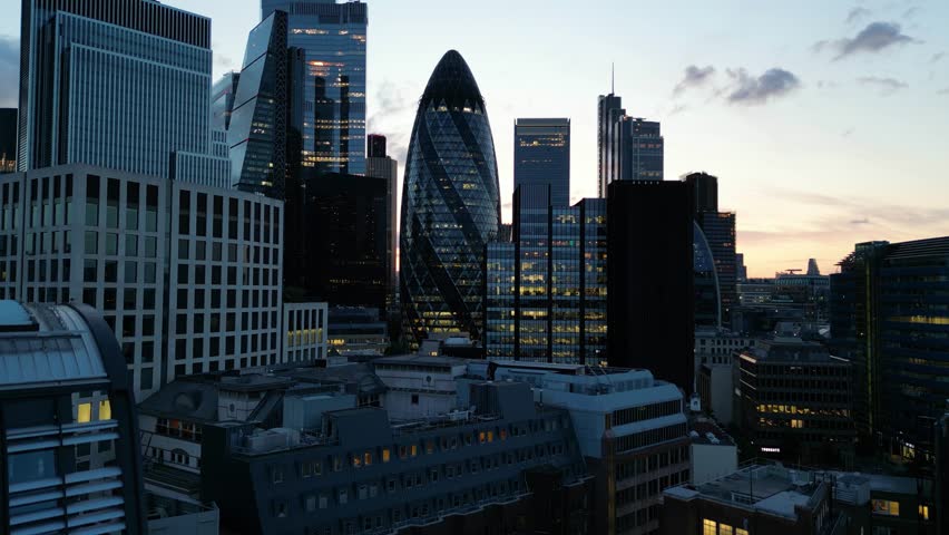 Night aerial view of The Gherkin building (formally 30 St Mary Axe), London, UK Royalty-Free Stock Footage #1109796687