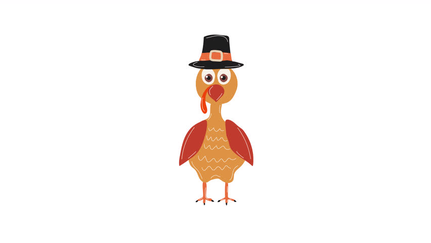Cartoon Turkey in a pilgrim hat character animation. Video flat cartoon animation design element. 4K video footage, alpha channel transparency Royalty-Free Stock Footage #1109803825