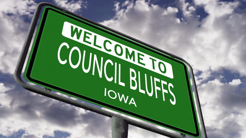 Welcome to Council Bluffs, Iowa. USA City Road Sign, Realistic 3d Animation
