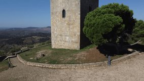 Panoramic aerial view at the Pinhel Castle and Pinhel village downtown, mountains as background, Viseu, Portugal