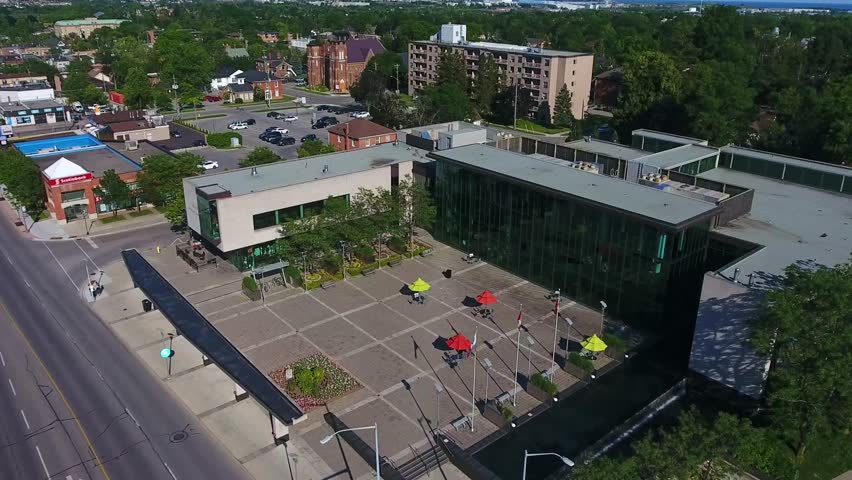 Whitby Public Library Aerial Orbital Shot with Tilt Down, Ontario, Canada.