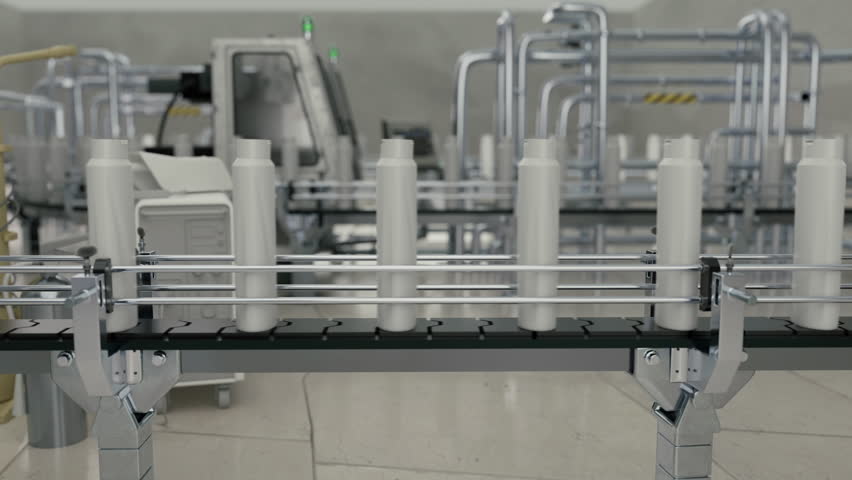 Production conveyor equipment transporting the white shampoo bottles. Conveyor equipment deals with the production of plastic shampoo bottles. Conveyor equipment moving the items on a production line. Royalty-Free Stock Footage #1109814775