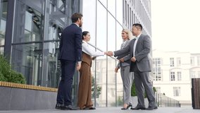 B2B meeting of business people handshake partners welcome, partnership and hiring contract success deal or networking. Trust, support and collaboration worker shaking hands for corporate interview - Powered by Shutterstock - Get 15% off with code: PIKWIZARD15