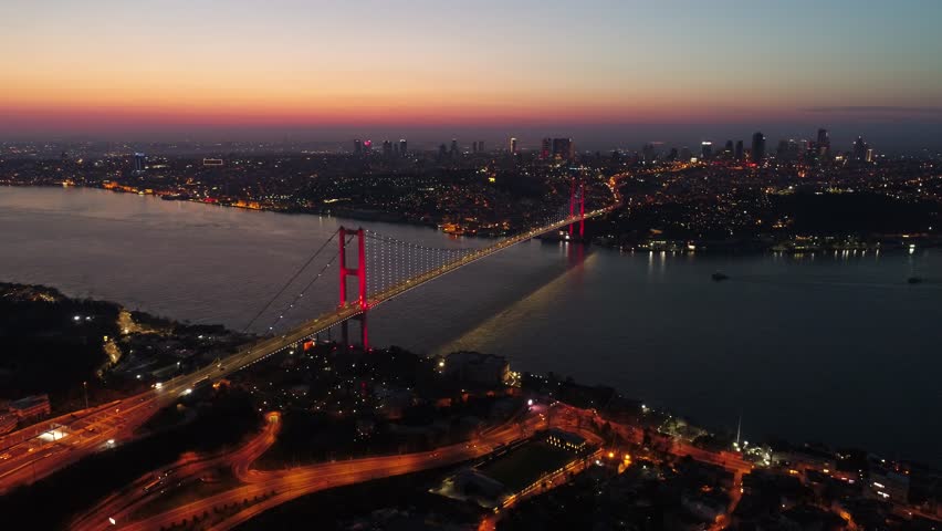 Istanbul night bridge aerial view.Istanbul 15 July Martyrs Bridge aerial view. Istanbul sunset Royalty-Free Stock Footage #1109817153