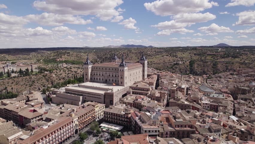 Aerial view of stone fortification Alcazar of Toledo, fortress in Toledo, Spain
