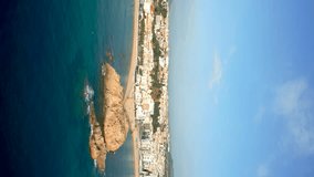 Vertical Aerial video with Drone, of the beach, of Blanes on the Costa Brava of Gerona