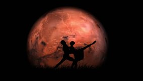 Portrait of professional dancers. Beautiful male and female ballet dancers performing on red fantasy full moon background, man holding girl in hands. - Powered by Shutterstock - Get 15% off with code: PIKWIZARD15