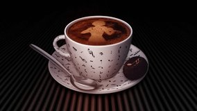 Coffee Cup - Latte Foam - Artistic 3D animation loop of female musician playing classical violin in porcelain cup decorated with music notes for you holidays and special events