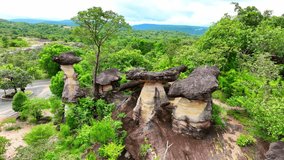 Sao Chaliang, part of Pha Taem National Park, Thailand, offers stunning aerial vistas of its unique rock formations and lush landscapes. Geological and nature concept.
