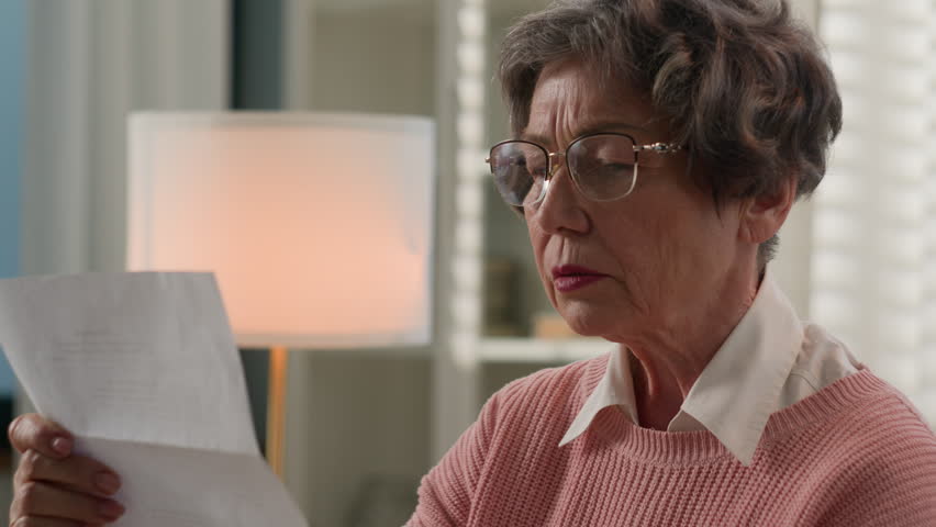 Old 60s Caucasian woman retired lady 70s senior aged female granny reading news open paper envelop read letter bad vision blurry eyesight correct glasses poor eyestrain check correspondence at home Royalty-Free Stock Footage #1109825051