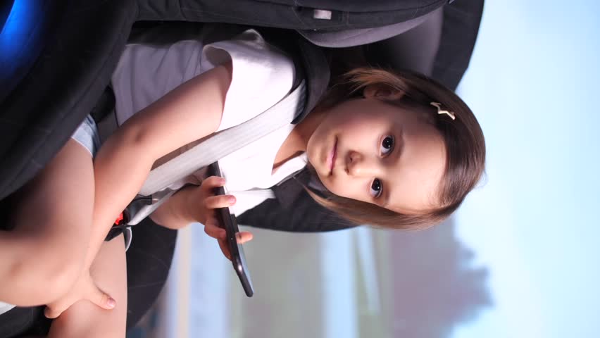 vertical video portrait of a little girl traveling in a safe child car seat