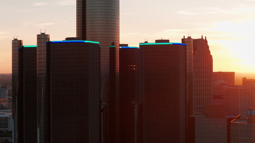 Detroit, Michigan, United States. panoramic aerial shot of the city of Detroit. Central Business District and Detroit river on sunset Time. Aerial shot. 