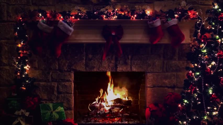 image of pine tree, sparkling candles next to the fire in a warm, romantic room, beautiful background for Christmas, Valentine's Day, welcoming Christmas background, 4k Royalty-Free Stock Footage #1109828501