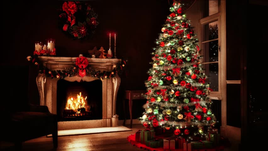 image of pine tree, sparkling candles next to the fire in a warm, romantic room, beautiful background for Christmas, Valentine's Day, welcoming Christmas background, 4k Royalty-Free Stock Footage #1109828517