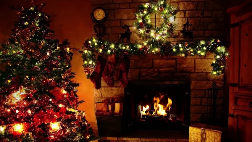 image of pine tree, sparkling candles next to the fire in a warm, romantic room, beautiful background for Christmas, Valentine's Day, welcoming Christmas background, 4k Royalty-Free Stock Footage #1109828519