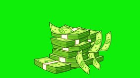 Animated footage of dollar bills moving. Cartoon Movement, with greenscreen background.