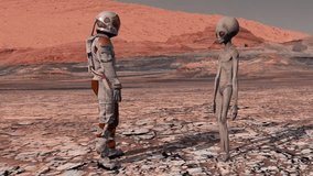 Astronaut meets a Martian alien on Mars and shakes his hand. First contact. Alien on Mars. Colonization and space exploration concept. 3d rendering. Elements of this video furnished by NASA.