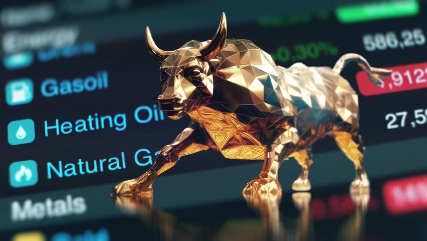 Energy Stock Market Bull Market Commodity Trading. Brent, Oil, Gasoline, Natural Gas. Stock market trend chart with golden bull background. 3D video animation graph background. Royalty-Free Stock Footage #1109836223