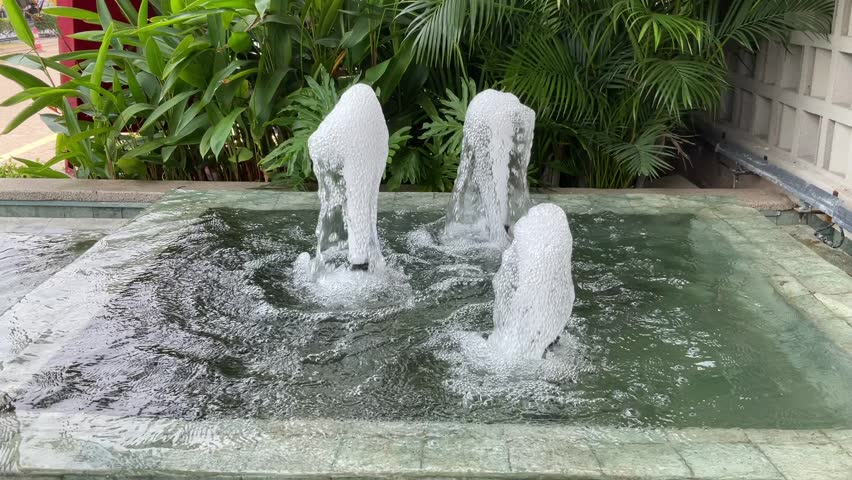 Beautiful summer garden with water fountain. Atmosphere of relaxation, tranquility and happiness.