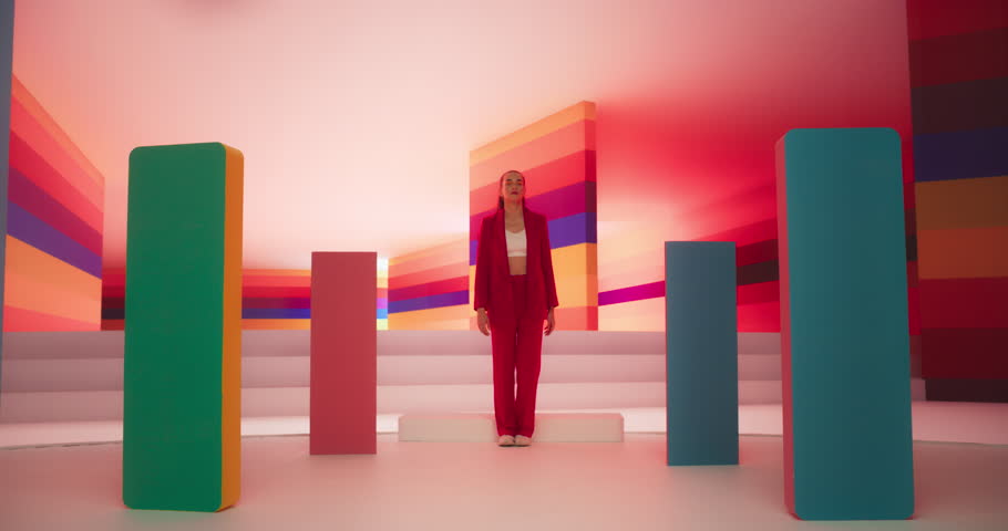 Tracking Low Angle Portrait of a Fashionable Young Woman Performing a Catwalk in a Colorful Neon Studio. Stylish Female Walking Confidently In and Out of a Bright Lit Room Royalty-Free Stock Footage #1109838649