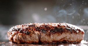 Pork cutlet for burger fried in frying pan. Cinematic advertising burger cooking. Golden brown cutlet sizzling away in hot pan. Perfect video to promote delicious, pan-fried cutlets, visual treat