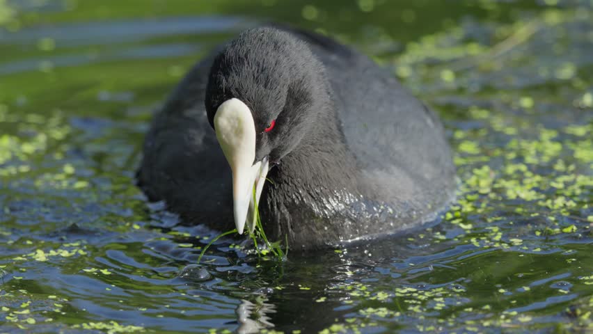 Australian coot feeding on water plants in a lake