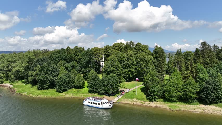 Aerial view of the ship and Slanicky island in the town of Namestovo in Slovakia