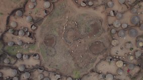 Authentic circular village of Karamojong or Karimojong in Karamoja region, Uganda in Africa. Aerial rising directly above