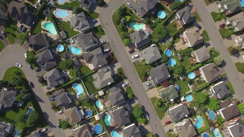 Top down aerial view of beautiful residential neighbourhood during summer in Montreal, Quebec, Canada. 