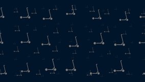 Kick scooter symbols float horizontally from left to right. Parallax fly effect. Floating symbols are located randomly. Seamless looped 4k animation on dark blue background