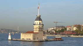 Close-up view of the Maiden's Tower. Aerial vehicle circling around the Maiden's Tower. Uskudar,Istanbul,Turkey.