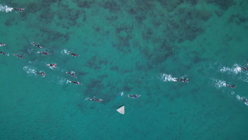 People swim at a triathlon race in sea aerial view 4K. Royalty-Free Stock Footage #1109851341