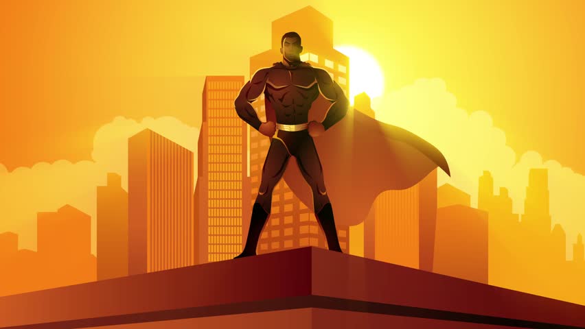 Iconic urban defender, Superhero silhouette against cityscape backdrop. Vigilance, power, and heroism captured in one striking motion graphics Royalty-Free Stock Footage #1109852121