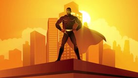 Iconic urban defender, Superhero silhouette against cityscape backdrop. Vigilance, power, and heroism captured in one striking motion graphics