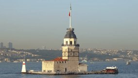 Close-up view of the Maiden's Tower. Aerial vehicle circling around the Maiden's Tower. Uskudar,Istanbul,Turkey.
