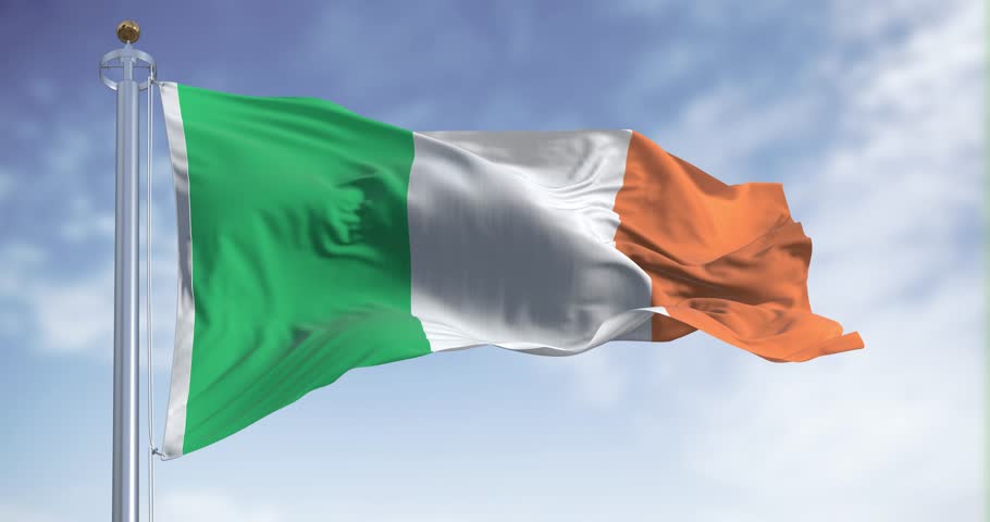 Ireland national flag waving in the wind on a clear day. Vertical tricolour of green, white, and orange. European Union state member. Seamless 3d render animation loop. Slow motion. Selective focus