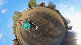 360-Degree View Of Woman Pets Owner Is Running With Group Of Dogs In Autumn Sunny Morning In Public Park. She Is Taking Selfie