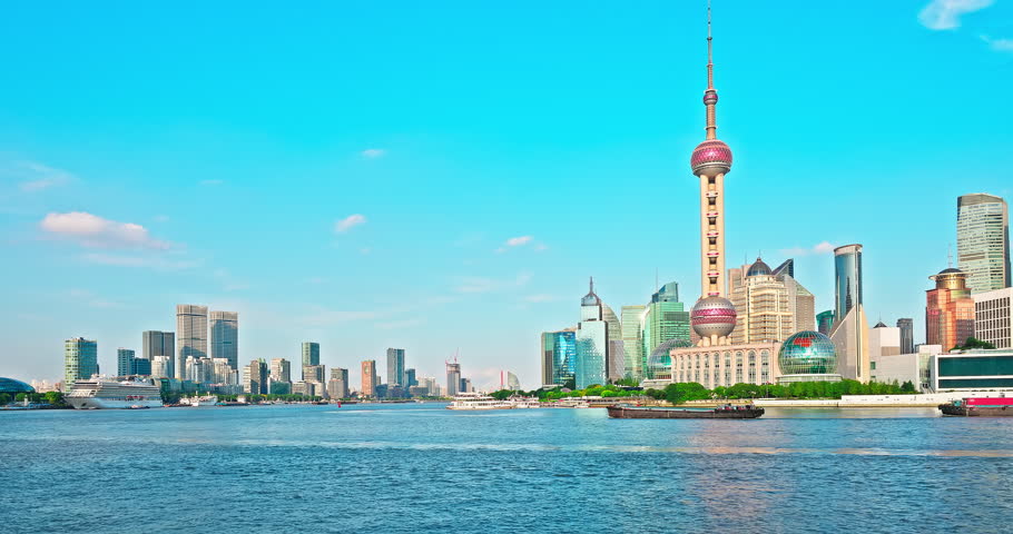 Shanghai city financial district skyline and river scenery. Architectural trademarks and advertisements removed
