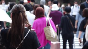 Slow motion shot of crowd of people walking in Osaka, Japan. Back shot of unidentified men and women. Shot in sunset time, busy rush hour. Japanese people and urban city lifestyle concept video.