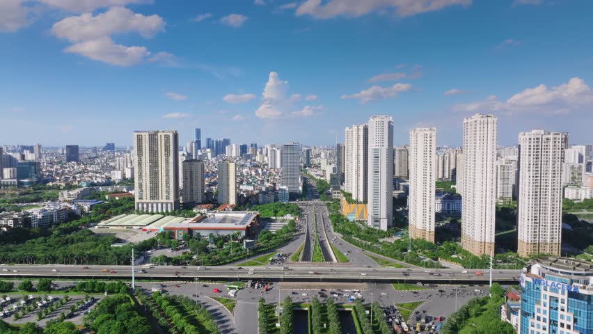 Capital's Epitome of Multilayered Design: The intersection of Thang Long Avenue with 12 lanes, the most intricate and modern road network in Hanoi, Dai lo Thang Long, Hanoi Capital Royalty-Free Stock Footage #1109858159