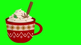 4k Merry Christmas animated cute mug with hot cocoa or coffee sweet cream, gingerbread Christmas tree cookie with cinnamon and vanilla coffee cup with ornaments Isolated on green chroma key screen  - Powered by Shutterstock - Get 15% off with code: PIKWIZARD15