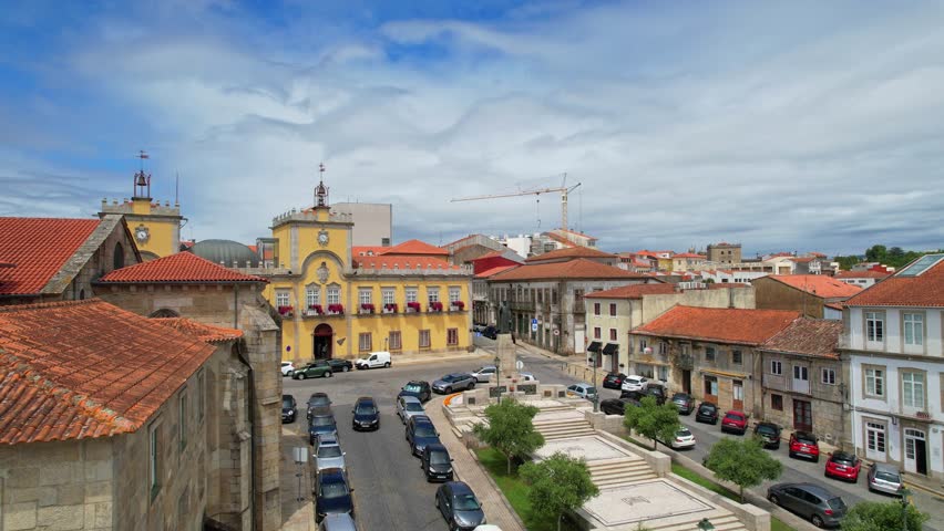 Aerial view of Barcelos City Hall in the downtown, district of Braga, Portugal.