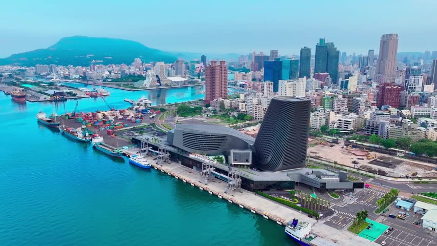 Aerial view of Kaohsiung Cruise Terminal with Skyline and tower in background - panorama view