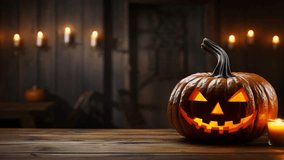Elevate your Halloween displays with a jack o lantern on a wooden table 3d Motion footage for background