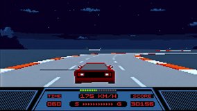 Fun Classic Arcade Game Racing Car With Pixel Graphics Passes Opponents. Reaching High Score In Racing Simulator With Nostalgic Pixel Graphics. Pixel Graphics Animation. Driving Racing Vehicle