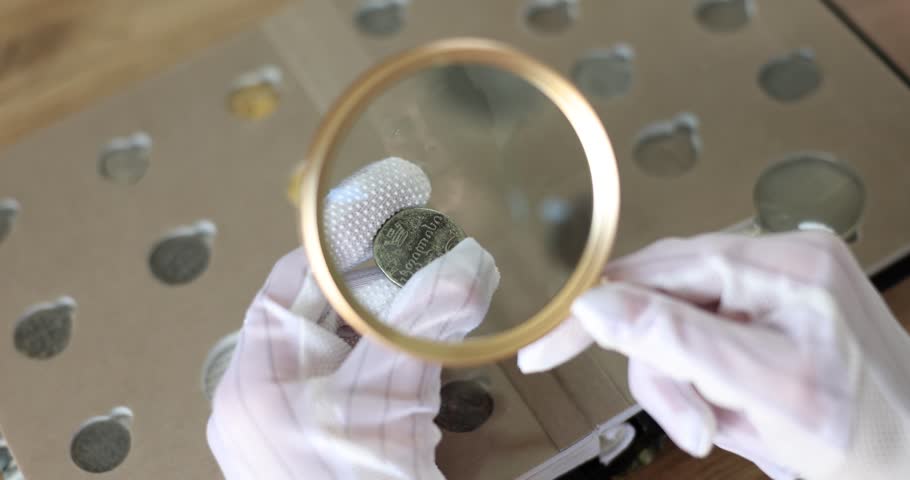 Numismatist in with magnifying glass examine collection of coins. Valuation of antique coins Royalty-Free Stock Footage #1109880715